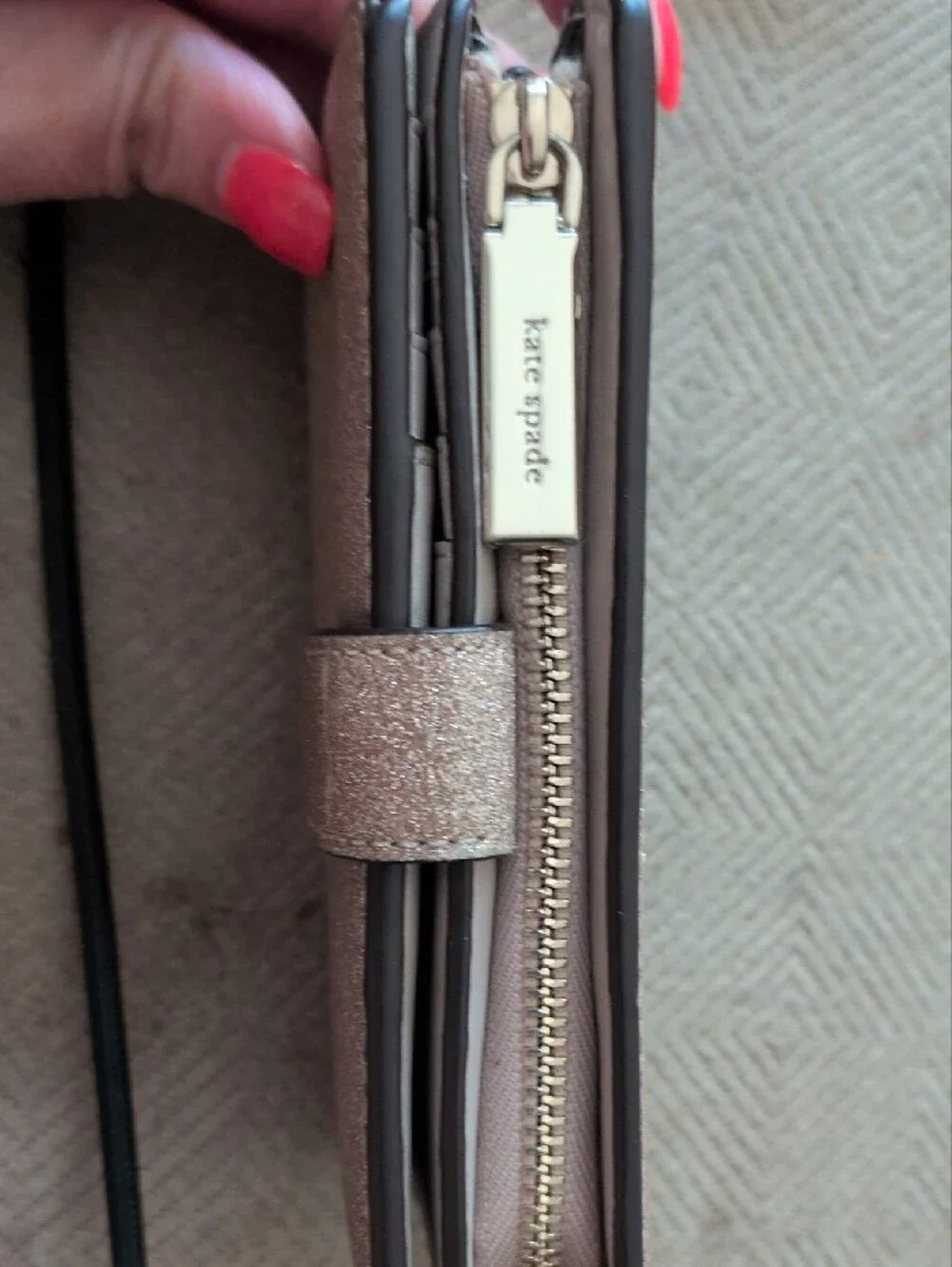 kate spade glitter wallet in rose gold shimmer